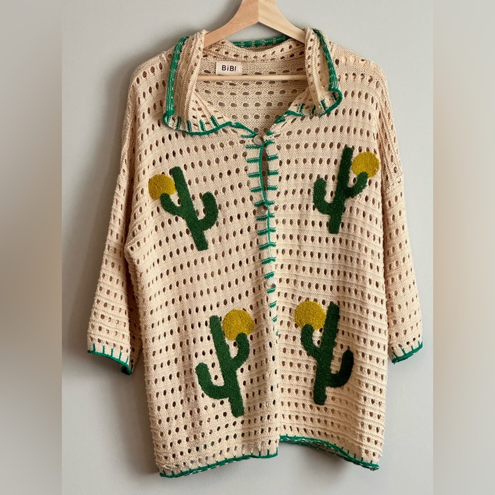 BiBi Cream Open-Knit Cardigan with Green and Yellow Cactus Embroidery